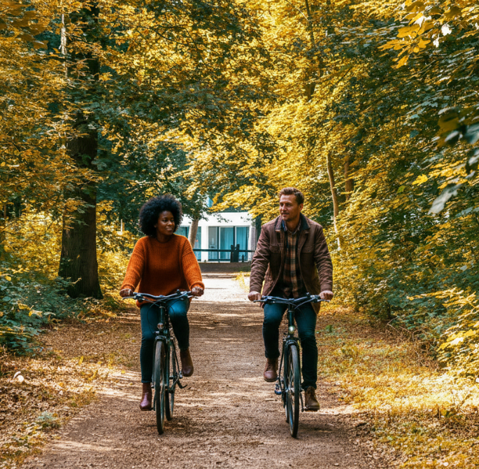 a man and woman riding bicycles on a path with trees