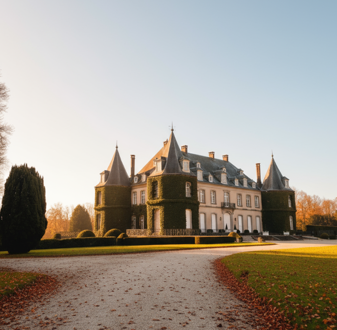 a large building with a large lawn and trees