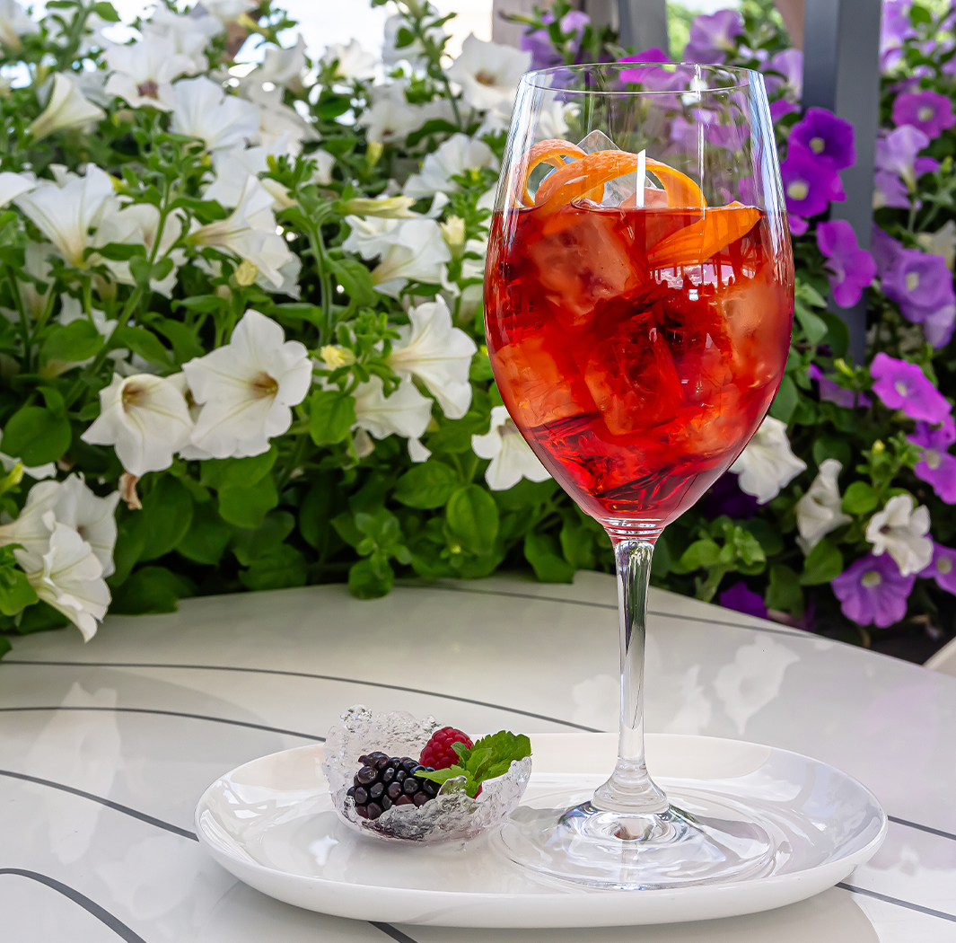a glass of red liquid with ice and fruit on a white plate