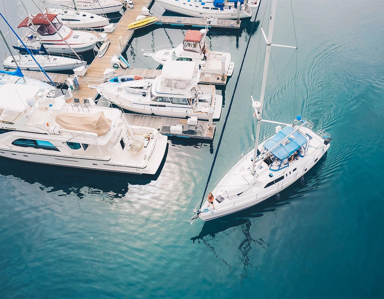 a group of boats are parked in the water