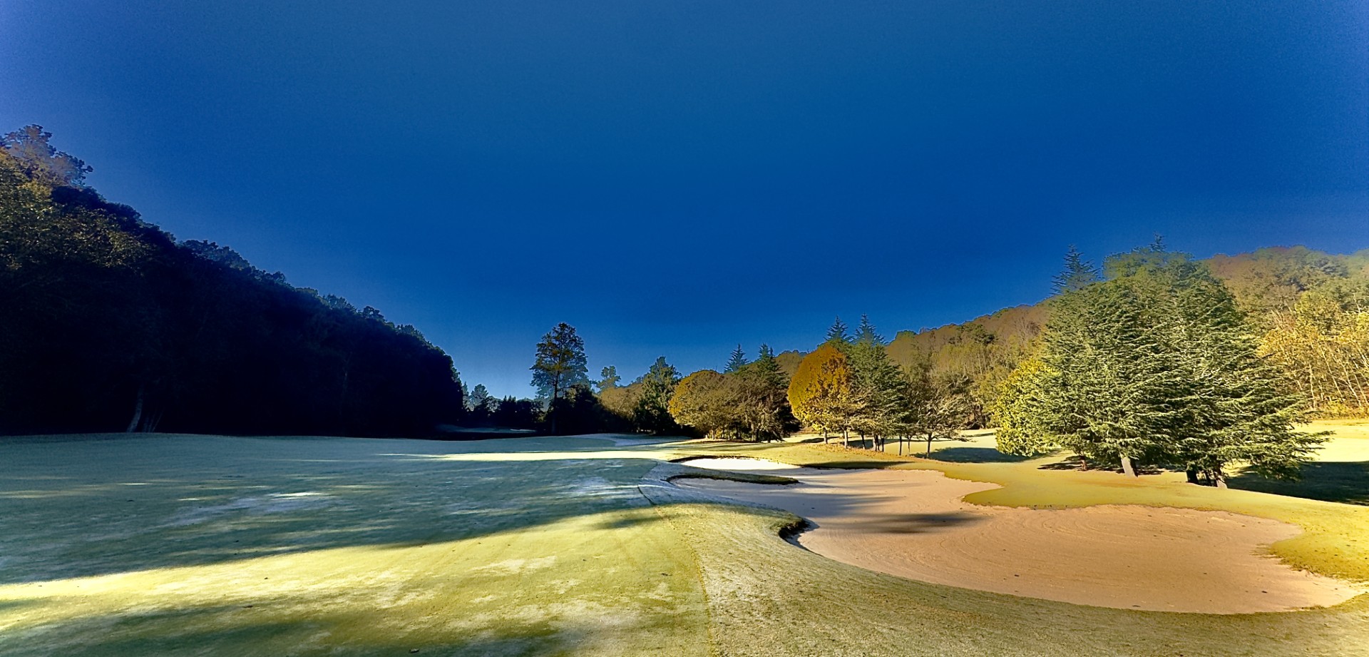 a golf course with sand bunkers and trees