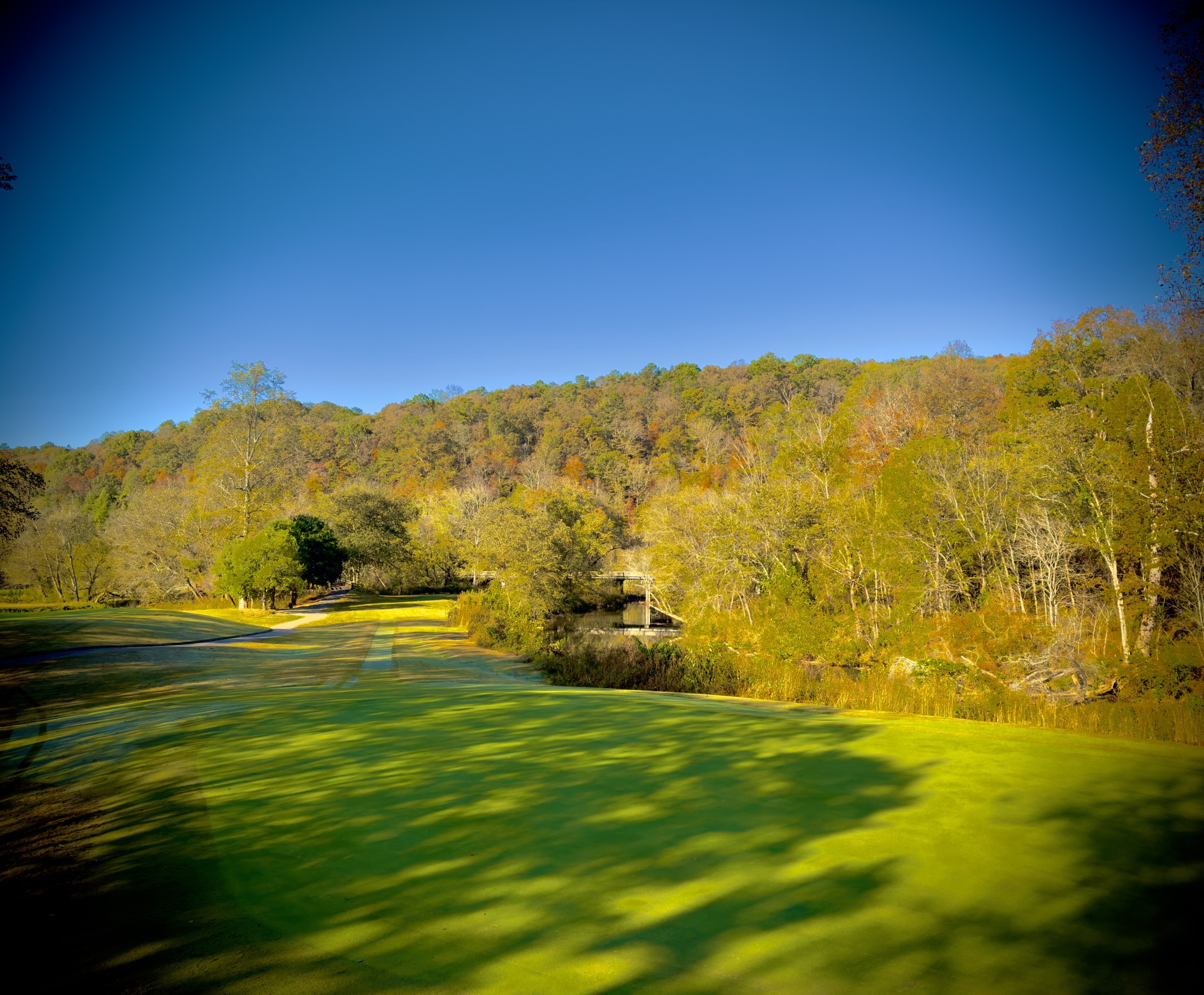 a golf course with trees in the background