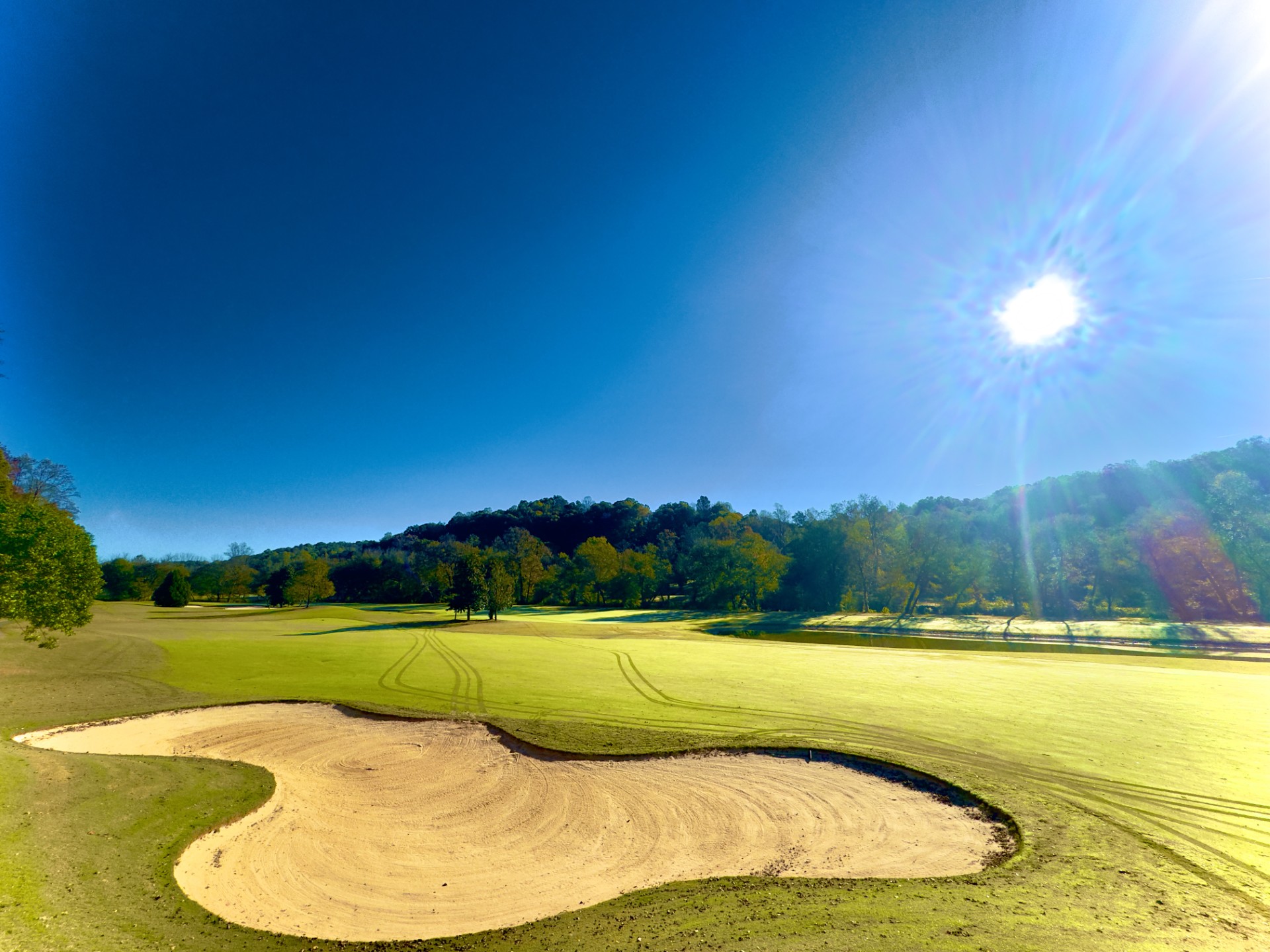 a golf course with sand trap and trees