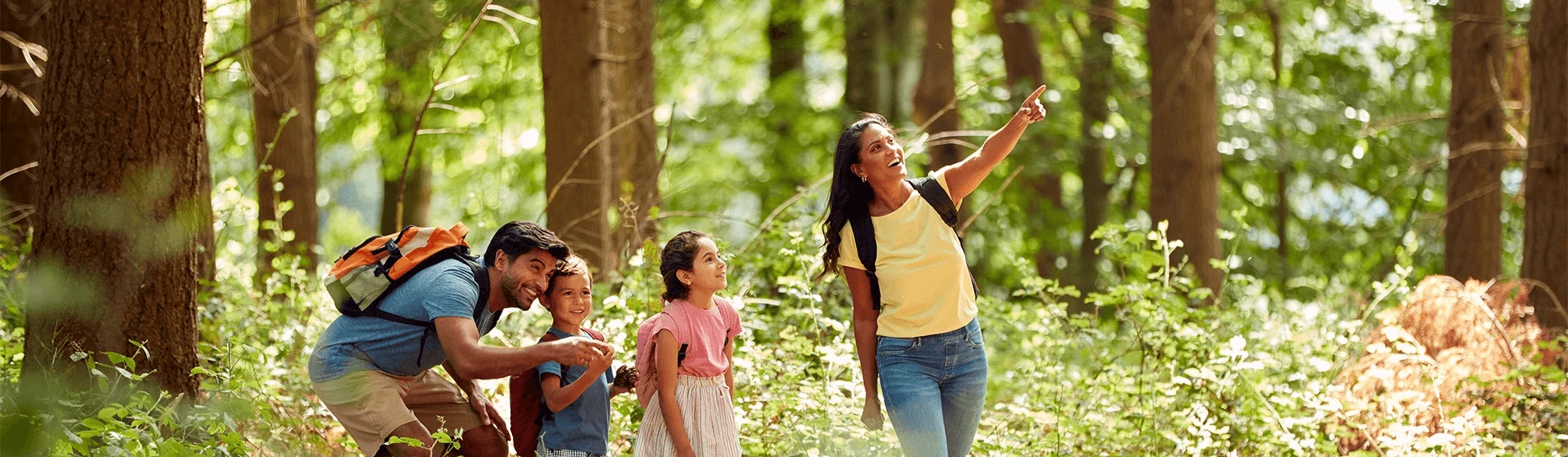 a woman and two children walking in the woods