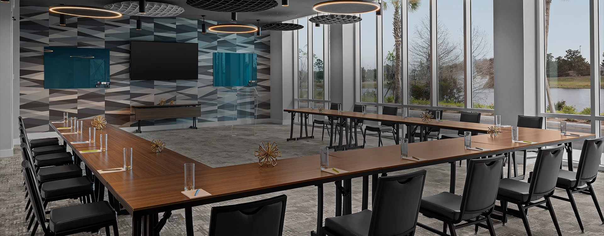 a room with tables and chairs