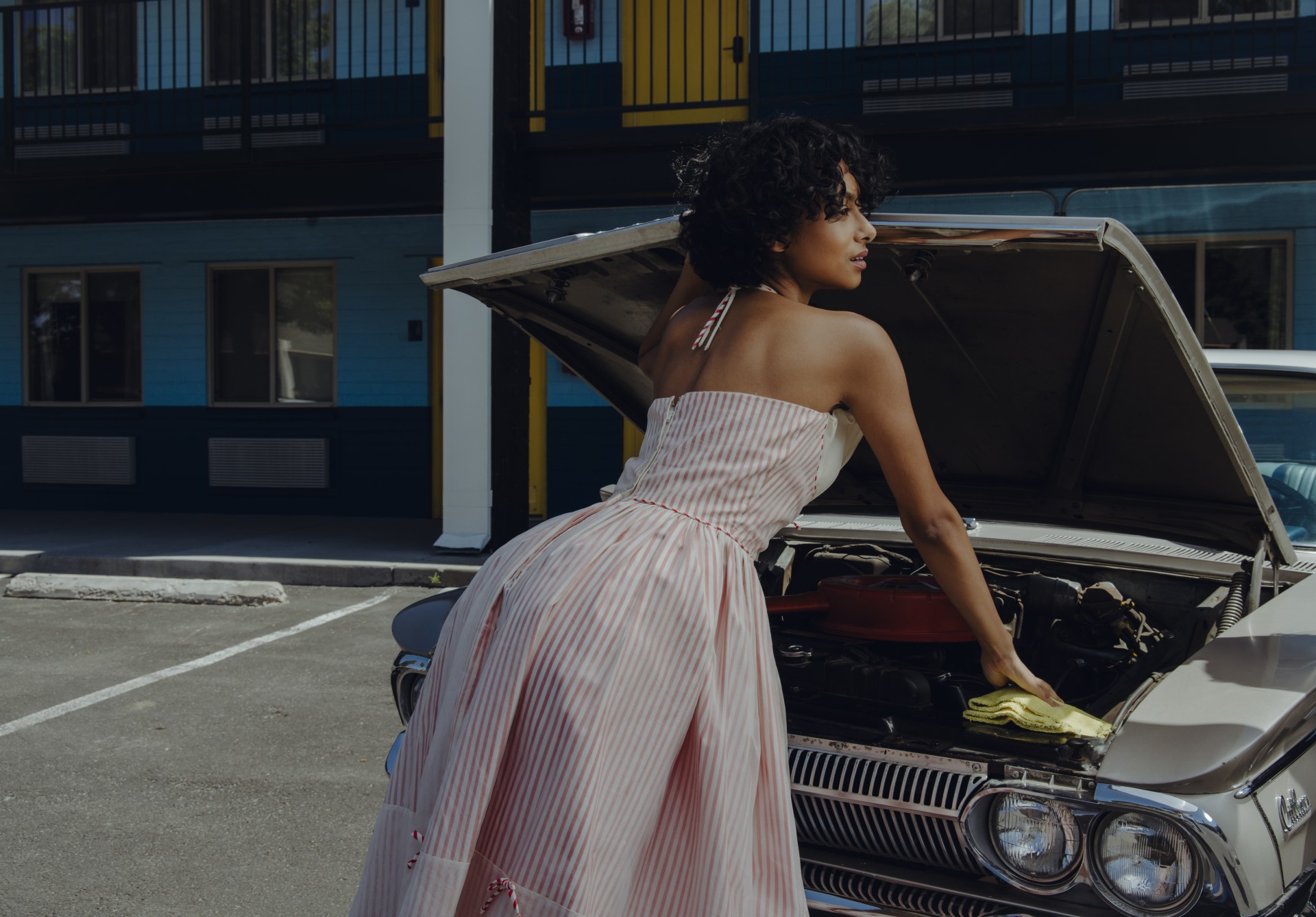 a woman in a dress standing by a car with the hood up