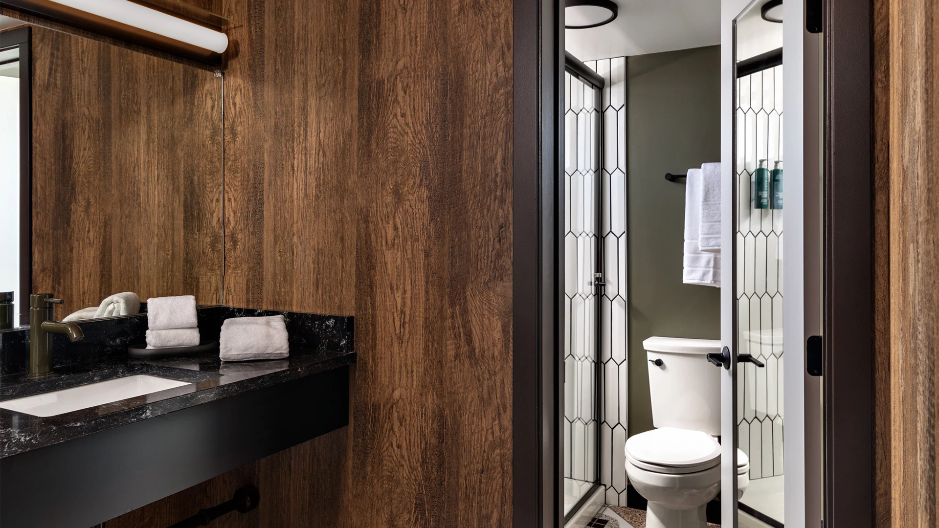 a bathroom with a glass shower
