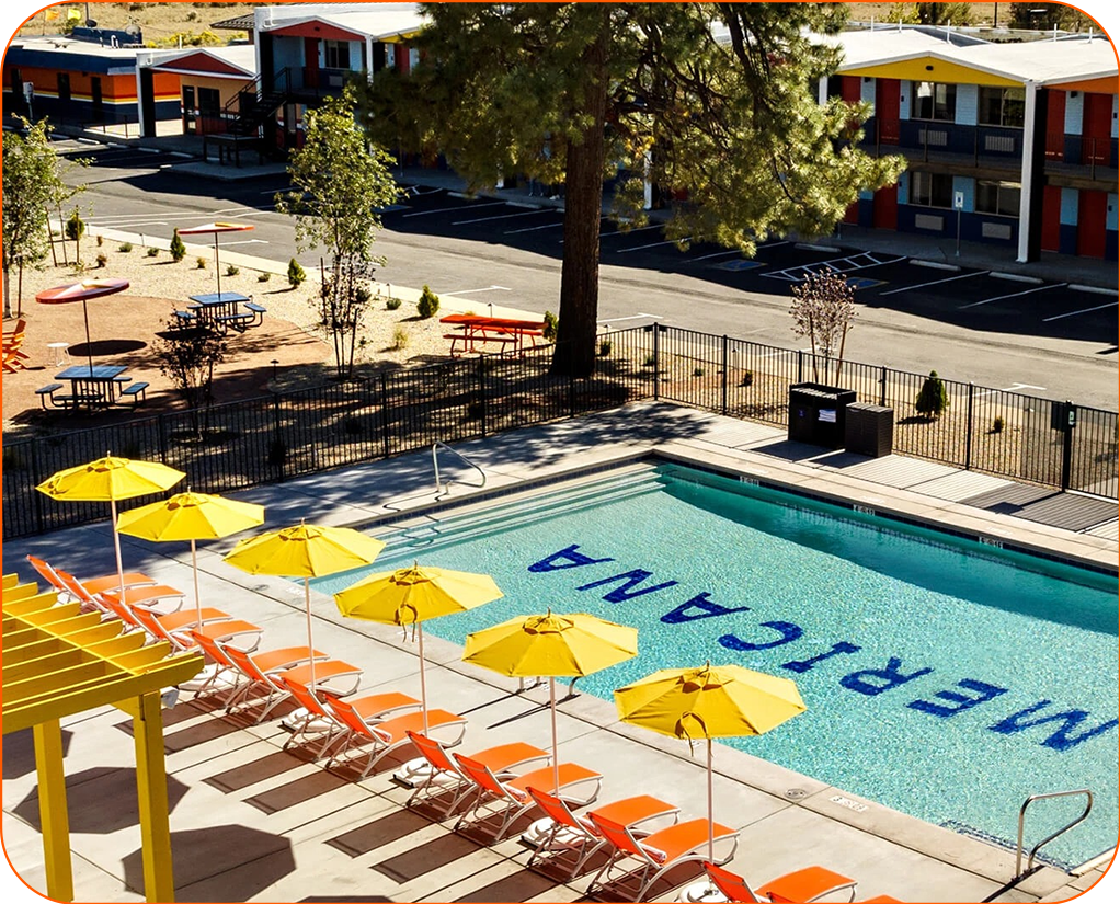 a pool with umbrellas and chairs