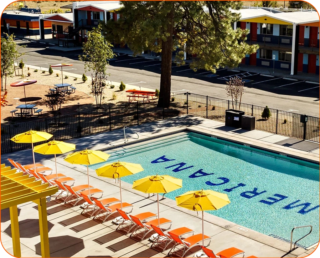 a pool with umbrellas and chairs