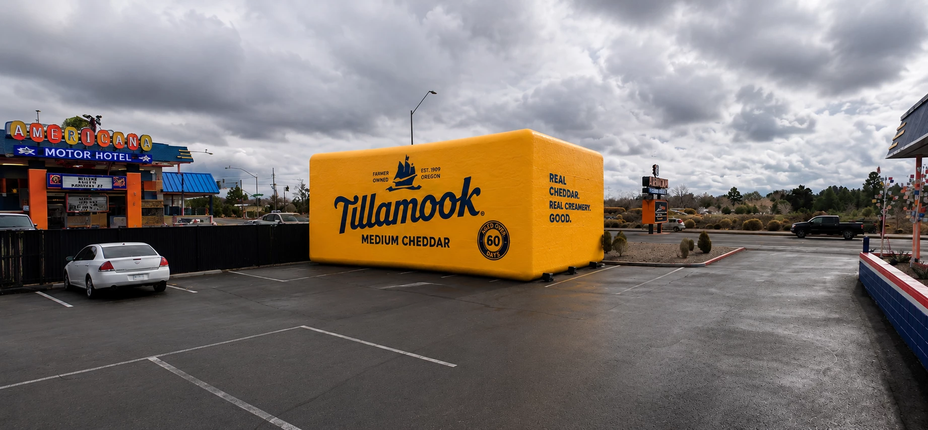 a large yellow box in a parking lot