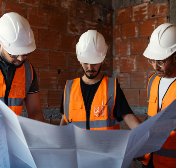 a group of men wearing safety vests and helmets looking at a paper