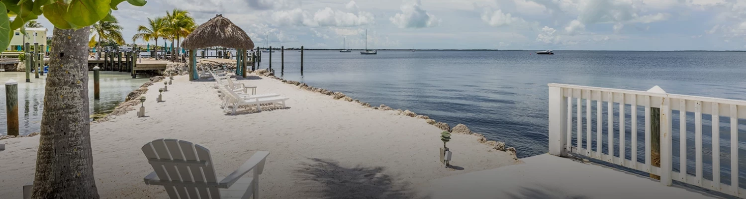 a beach with a bench and a dock