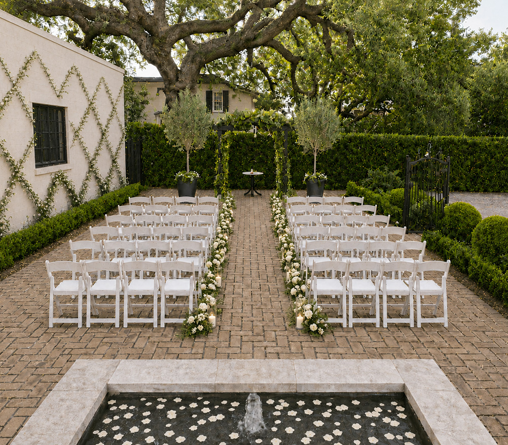 a group of chairs lined up in a courtyard