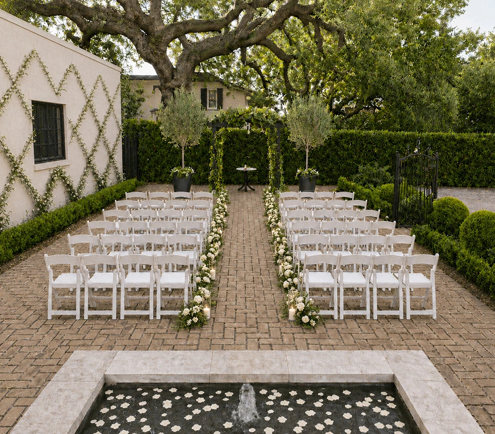 a group of chairs lined up in a courtyard