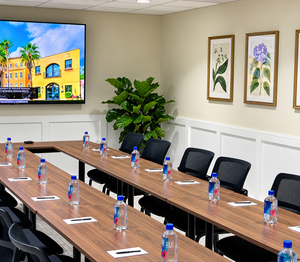 a room with a large screen and tables with water bottles