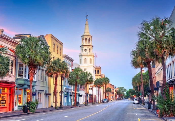 a street with palm trees and a church tower