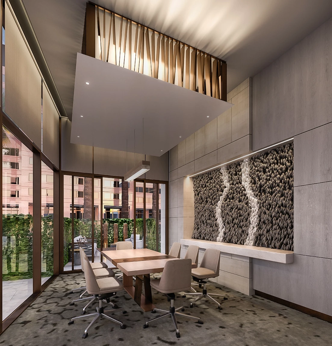 a room with a table and chairs