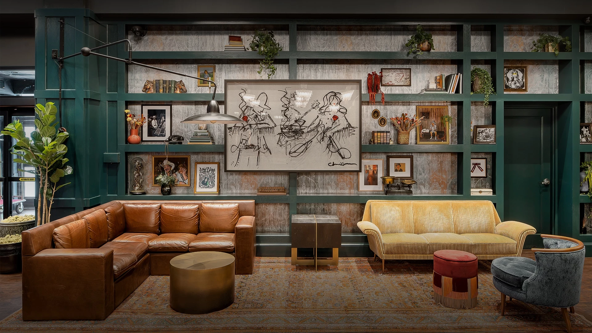 a room with couches and shelves