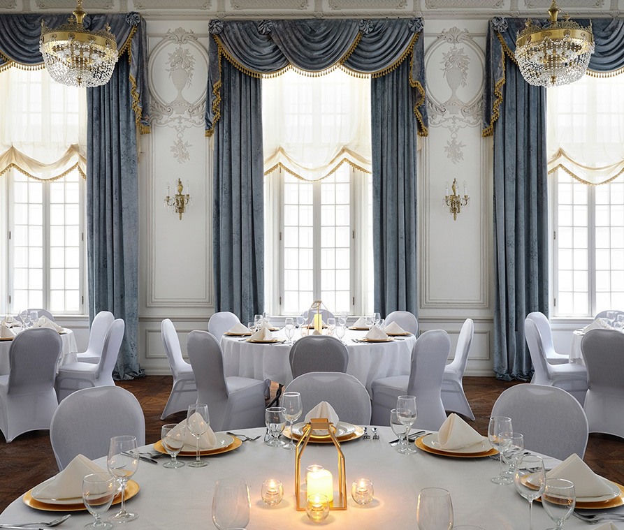 a room with tables and chairs