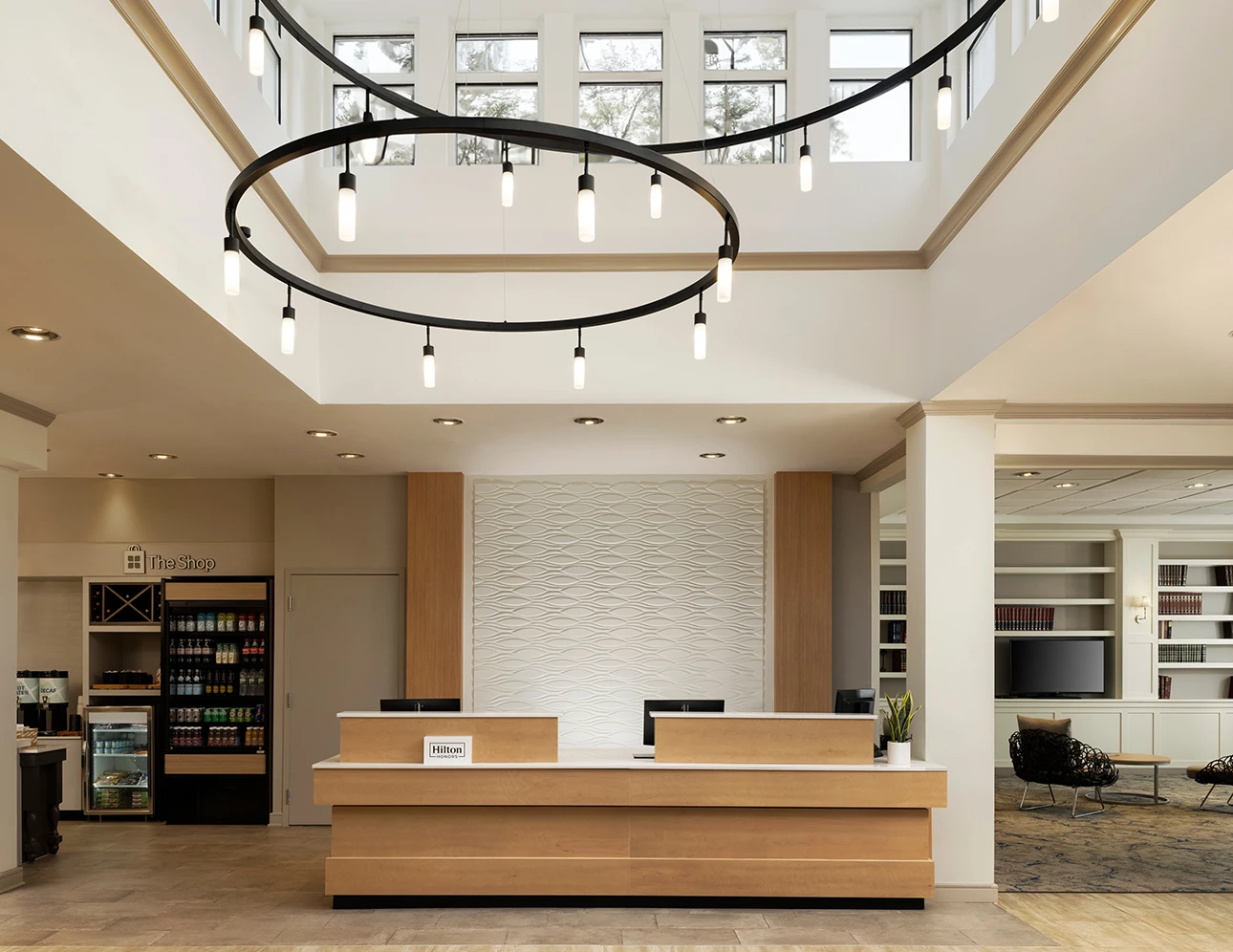 a reception desk in a hotel