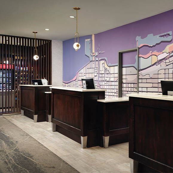 a row of desks in a hotel