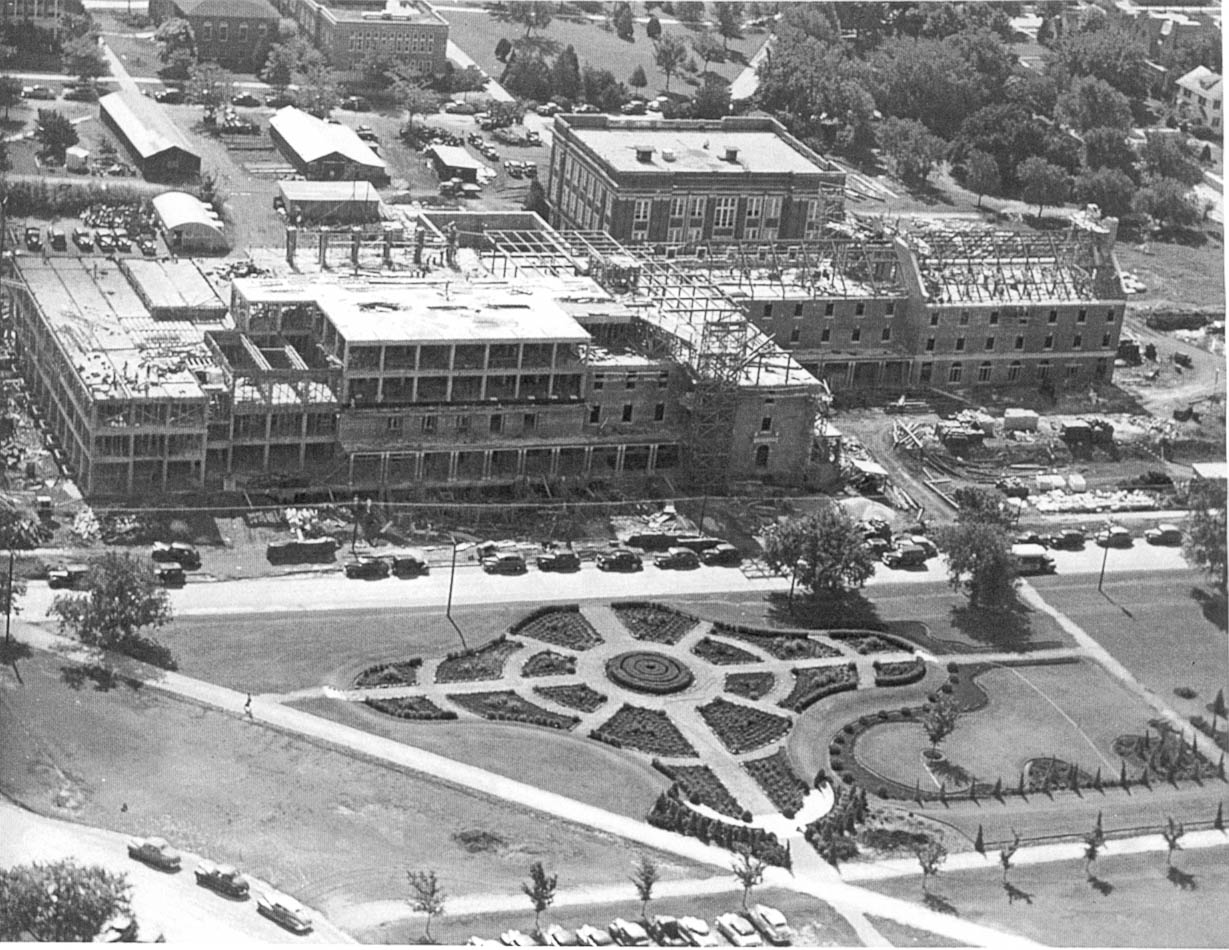 black and white aerial view of student union building