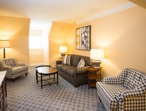 living room area with black and white chairs and a dark sofa with bright lighting