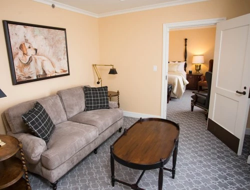 living room with grey couch with view of bedroom