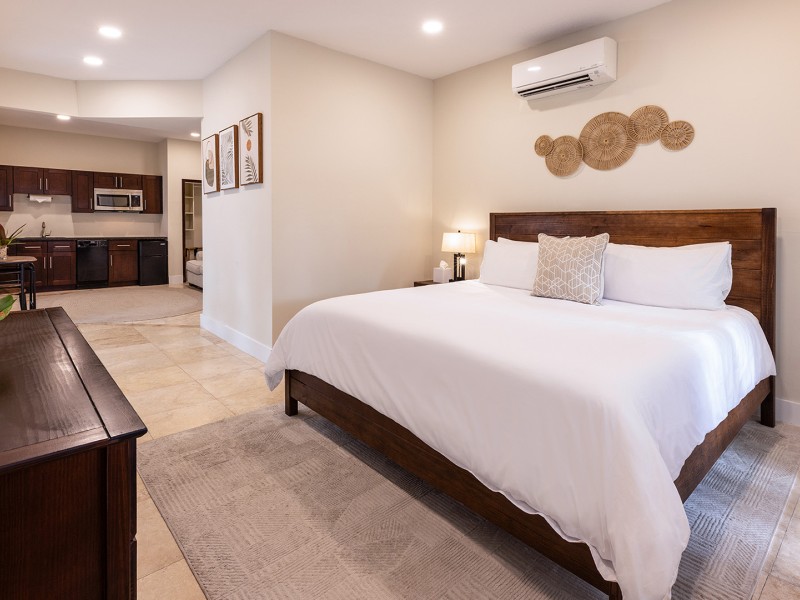 a bedroom with a bed and a television