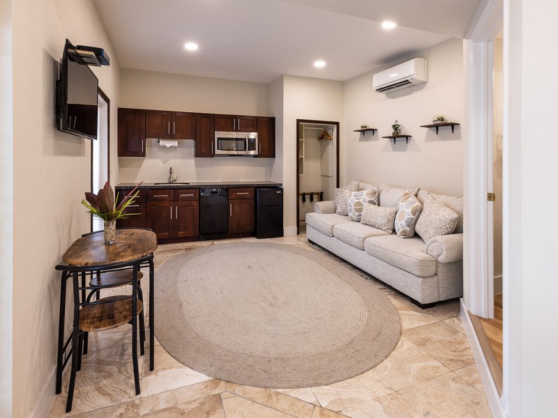 a living room with a couch and a rug