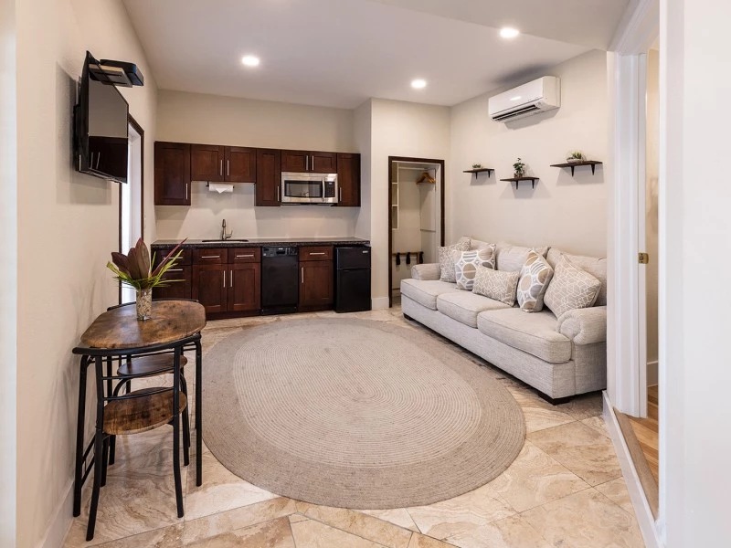 a living room with a couch and a rug