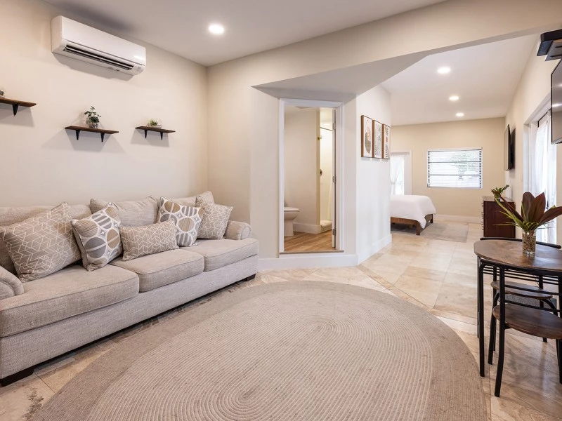 a living room with a couch and a rug