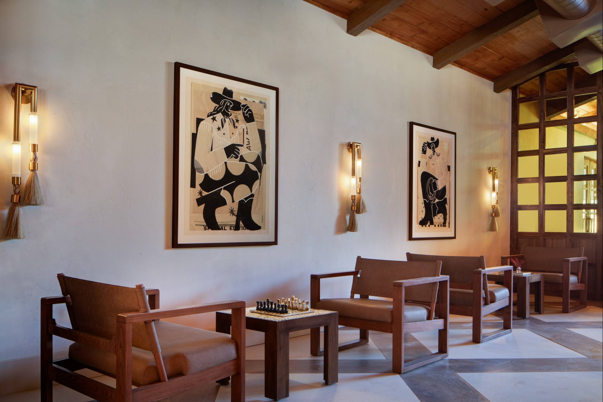 a room with chairs and a chess board