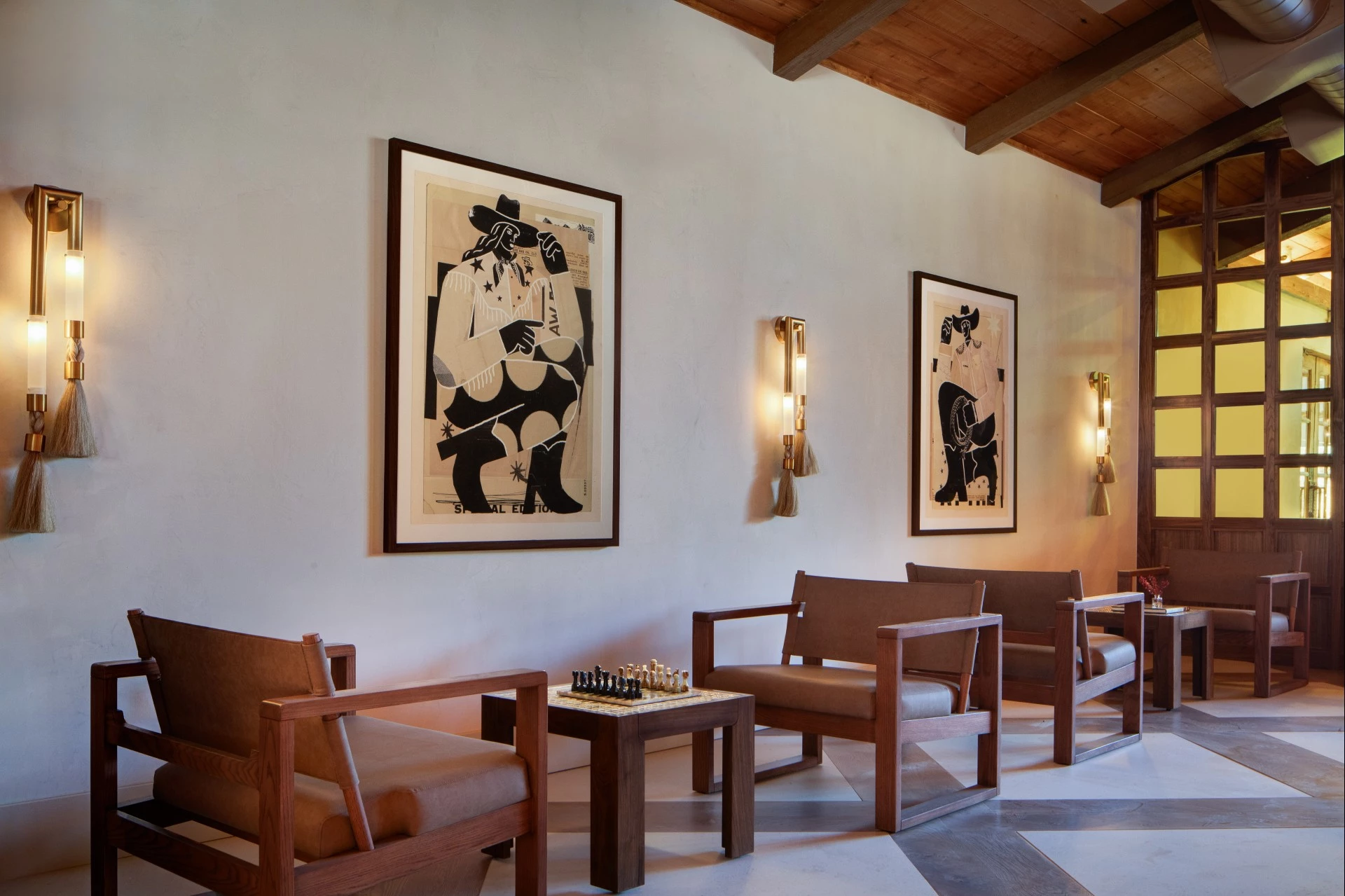 a room with chairs and a chess board