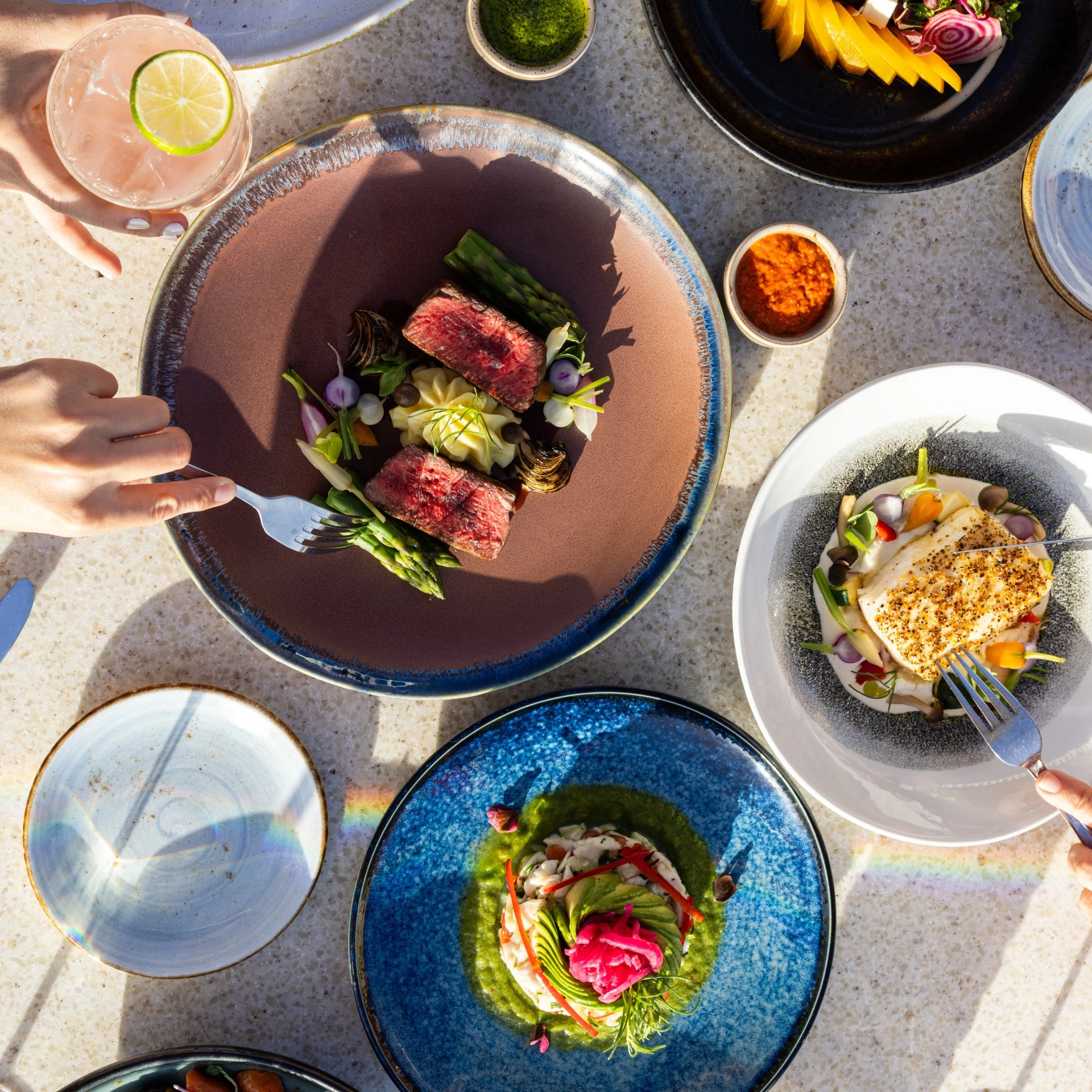 a group of people eating food