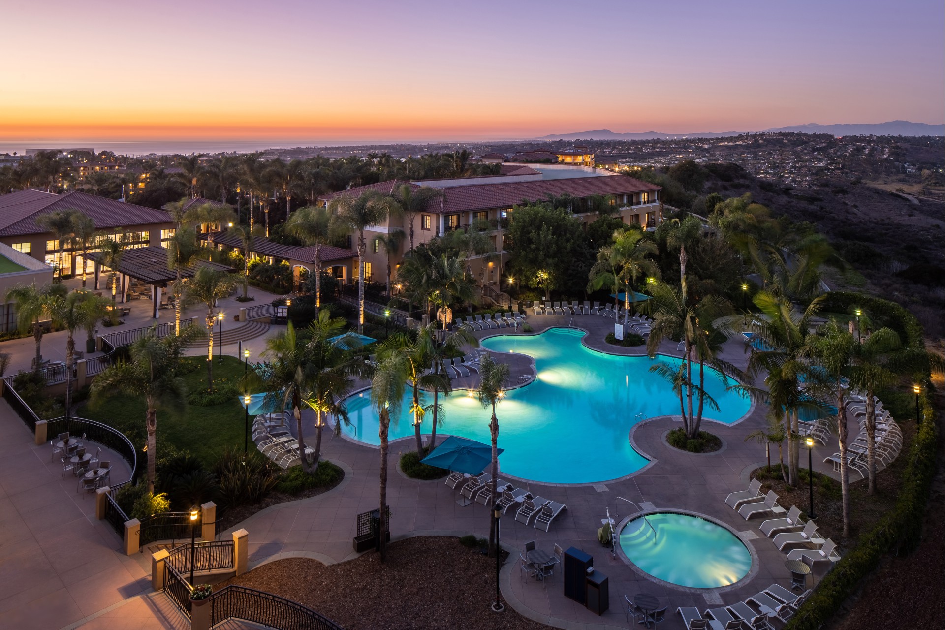 a pool and palm trees in a resort