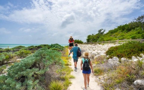 people walking in the sand with backpacks on