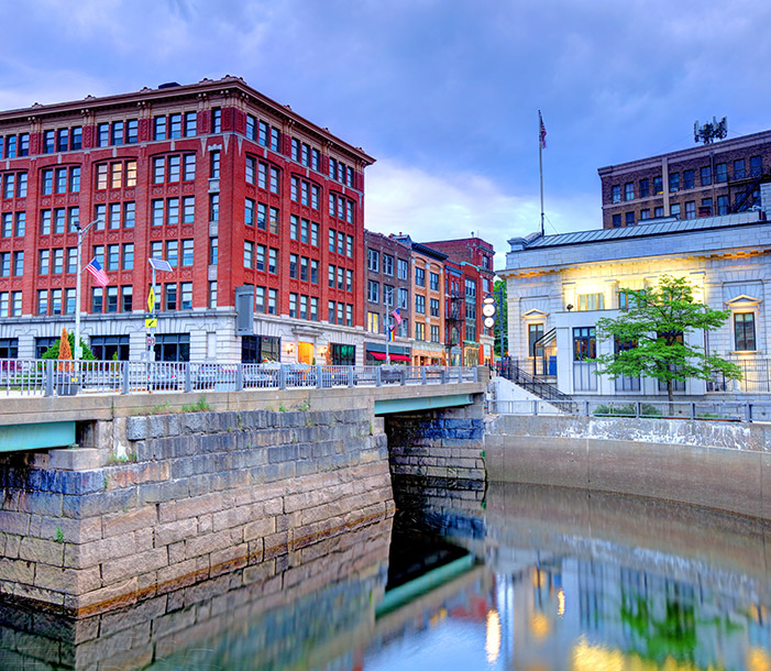 downtown bangor with a view of waterway downtown 