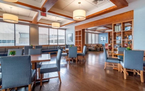 a room with tables and chairs