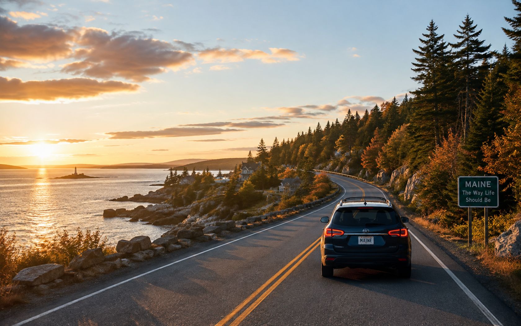 a car on a road by the water