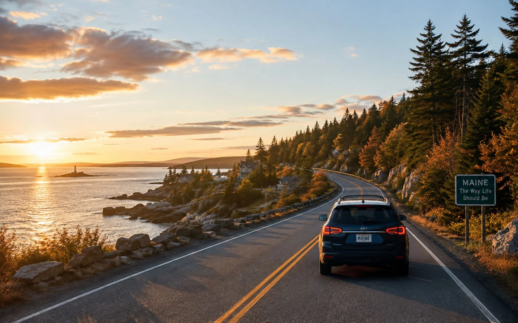 a car on a road by the water