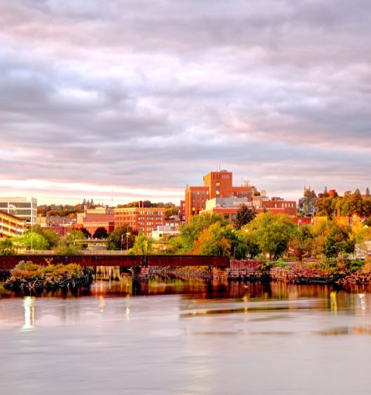 a body of water with buildings and trees