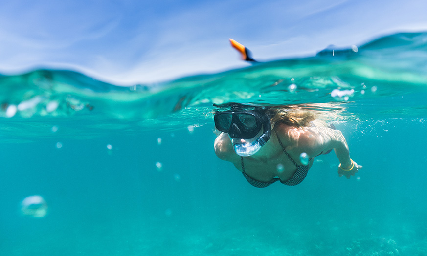 a woman in a swimsuit and snorkeling mask underwater