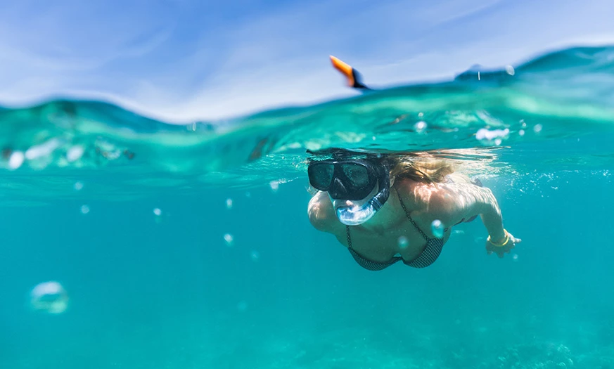 a woman in a swimsuit and snorkeling mask underwater