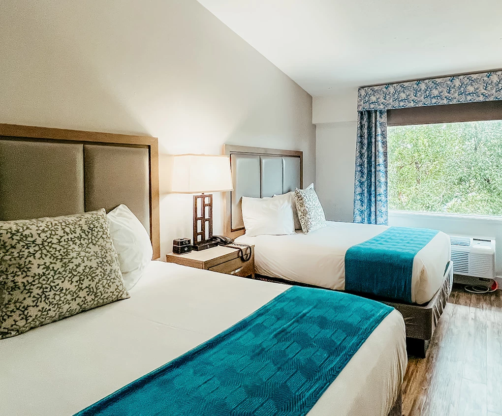a room with two beds and a window