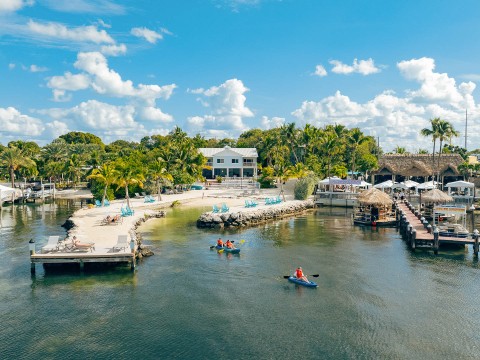 a group of people in kayaks on a river
