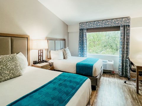 a room with two beds and a window