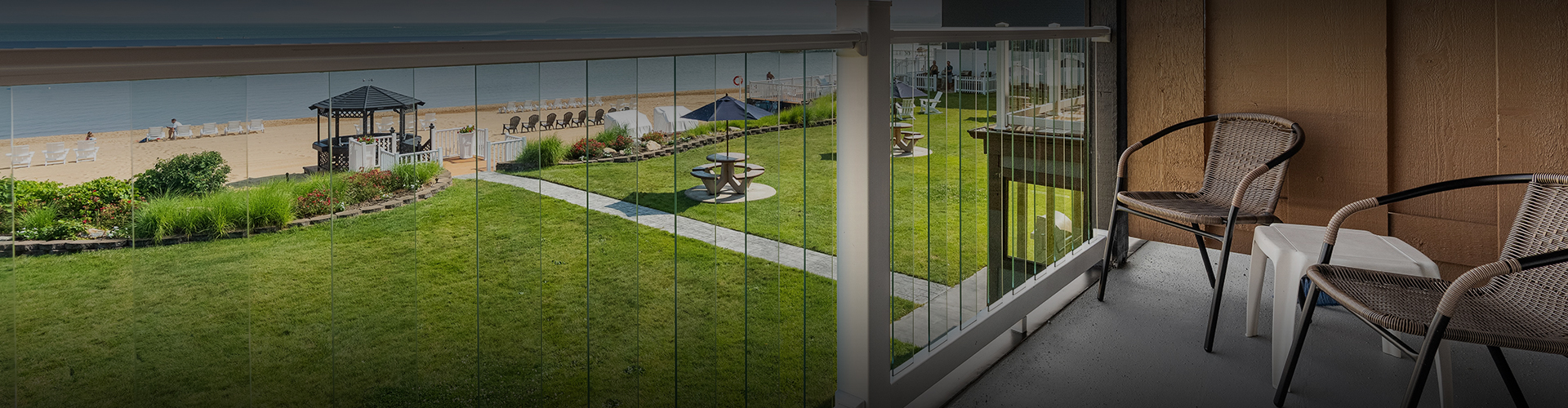 a view of a lawn from a balcony