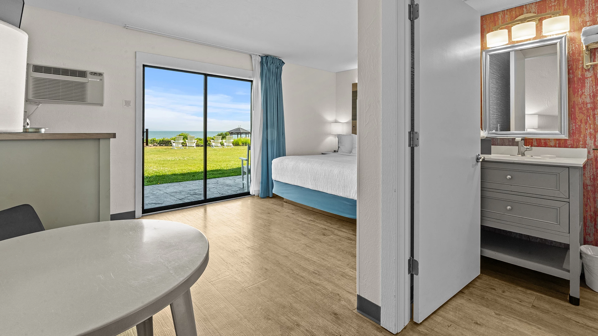 a room with a bed and a table