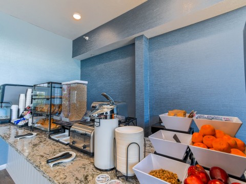 a buffet with food on the counter